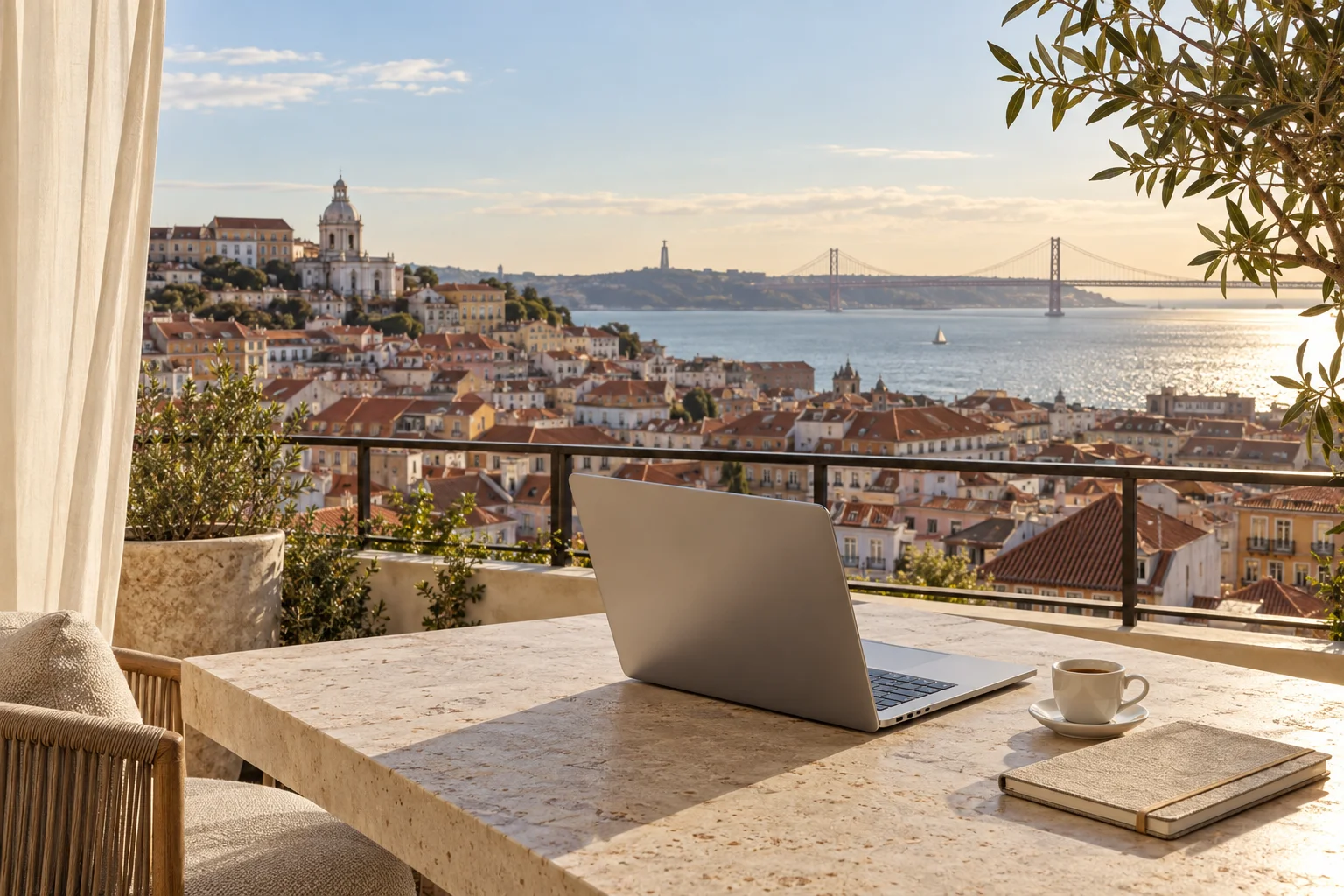 Portátil numa mesa luminosa com vista sobre os telhados de Lisboa e o Tejo